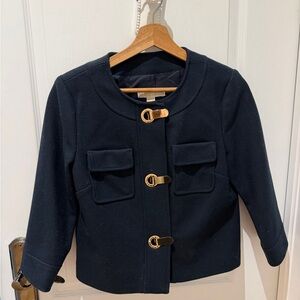 Michael Kors Navy Blue Women's Wool Blend Jacket with Gold Hardware